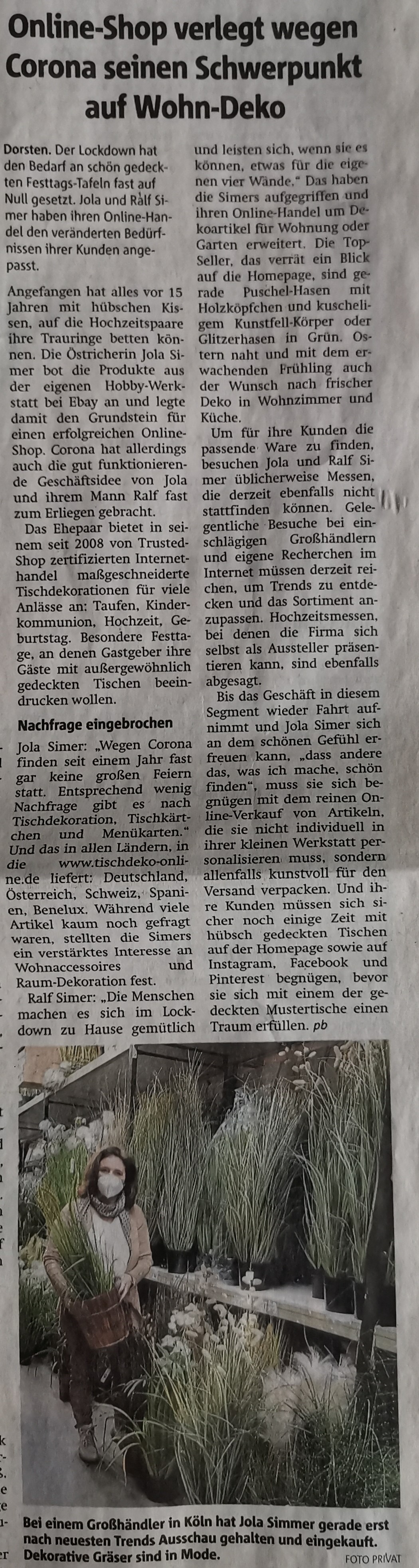 dorstener zeitung, 26.2.2021, bericht über tischdeko-online, jola und ralf simer